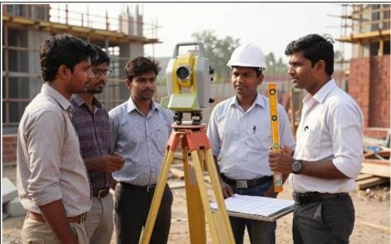 Civil engineering professionals using surveying equipment at a construction site